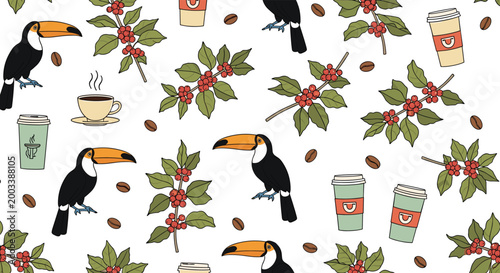 Tropical seamless pattern featuring toucans perched among coffee branches with red berries and takeaway coffee cups.