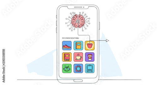 AI Product Recommendation Continuous Line Art Mobile Shopping Automation Minimal Vector Illustration