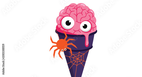 Spooky halloween treat featuring an ice cream cone with a pink brain scoop googly eyes and an orange spider.