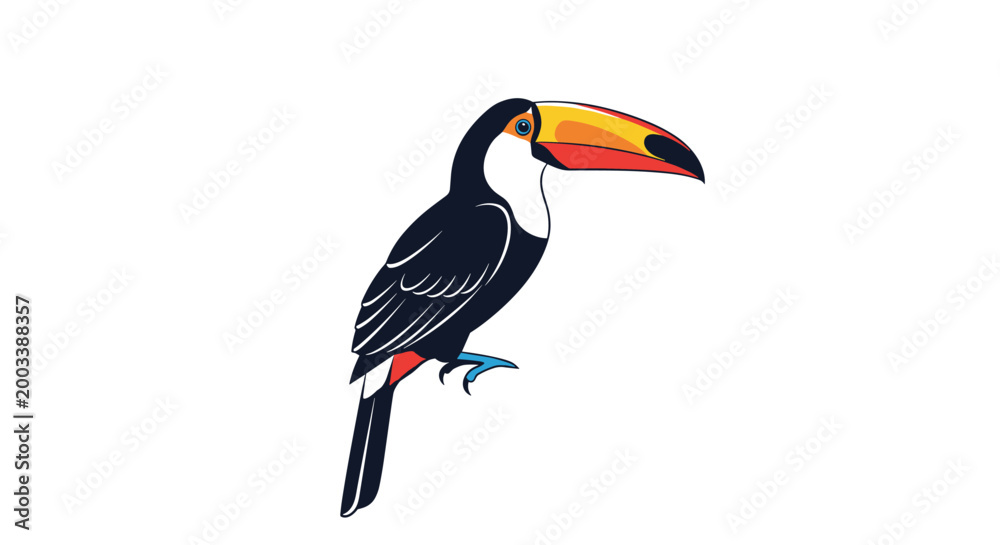 Fototapeta premium Exotic toco toucan with vibrant orange and red beak perched on an invisible branch against a plain white background for wildlife design.