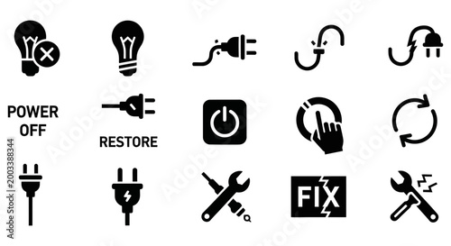 Set of black power and repair vector graphic interface icons