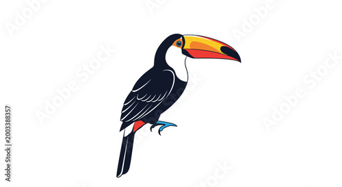 Exotic toco toucan with vibrant orange and red beak perched on an invisible branch against a plain white background for wildlife design.