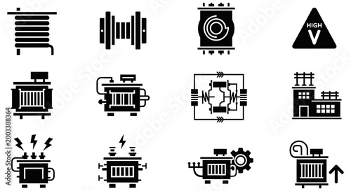 Set of black electrical transformer vector icons for industrial design