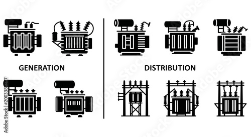 Vector illustrations of electrical transformers for generation and distribution