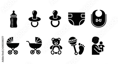 Collection of baby care icons in simple black vector illustration
