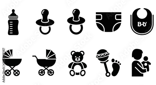 Collection of vector graphic icons representing baby care and childhood essentials