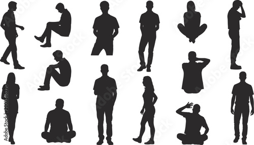 Collection of diverse human silhouettes in various poses and activities people woman standing