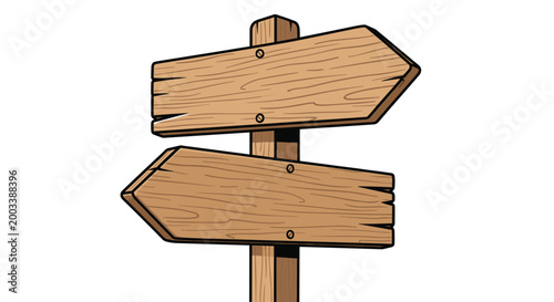 Rustic wooden signpost with two directional arrows pointing in opposite directions isolated on a white background for navigation guides.