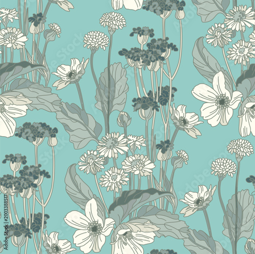 Flowers and leaves in vintage style, seamless pattern.	
