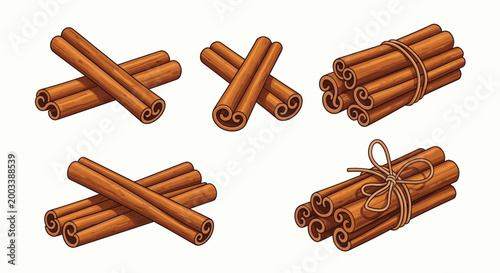 Set of five illustrations of cinnamon sticks bundled together with string or arranged in crossed piles for winter spice kitchen labels.