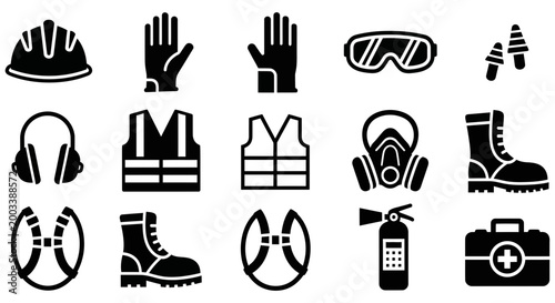 Collection of vector icons representing essential safety equipment for work