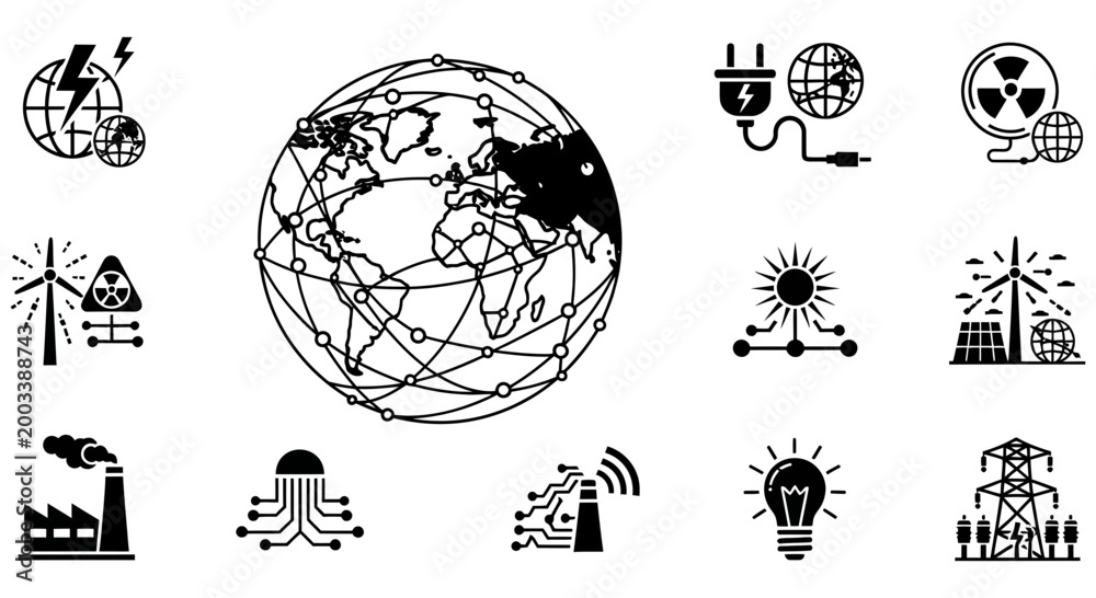 Obraz premium Collection of global energy icons featuring power and infrastructure symbols