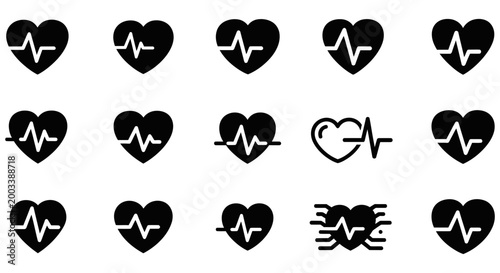 Set of black heart icons with cardiogram pulse rhythm symbols