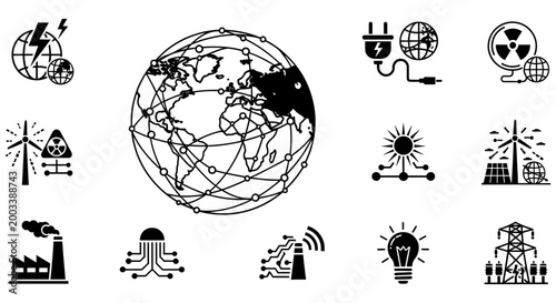 Collection of global energy icons featuring power and infrastructure symbols