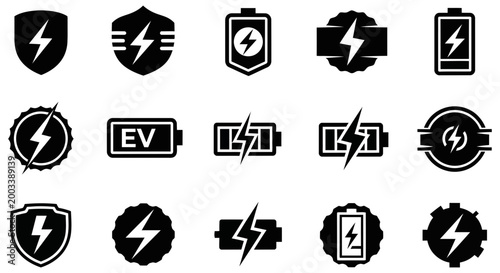 Set of black battery and lightning bolt vector graphic icons