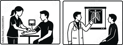Medical examination illustration showing blood pressure check and doctor reviewing chest X-ray with patient