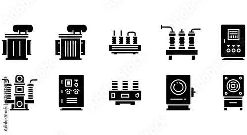Set of black electrical power station equipment vector icons