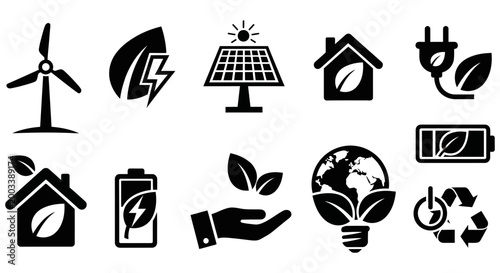 Collection of black eco friendly energy vector graphic icon symbols