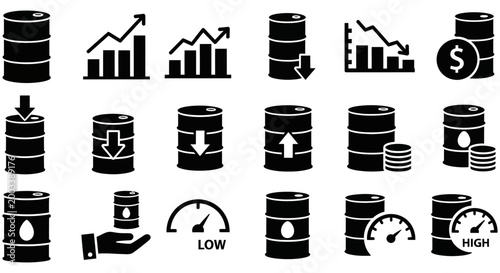 Black vector icons representing crude oil market trends and production