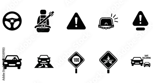Black silhouette vector icons showing various road safety traffic signs