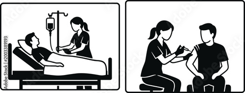Medical procedures illustration showing IV therapy and injection administration by healthcare professionals