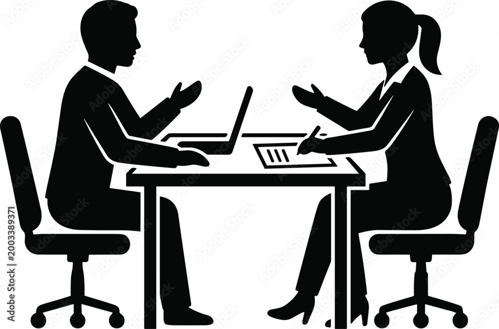 Fototapeta premium Silhouette business consultation with laptop and tablet at office desk symbolizing teamwork, collaboration, communication, and professional discussion