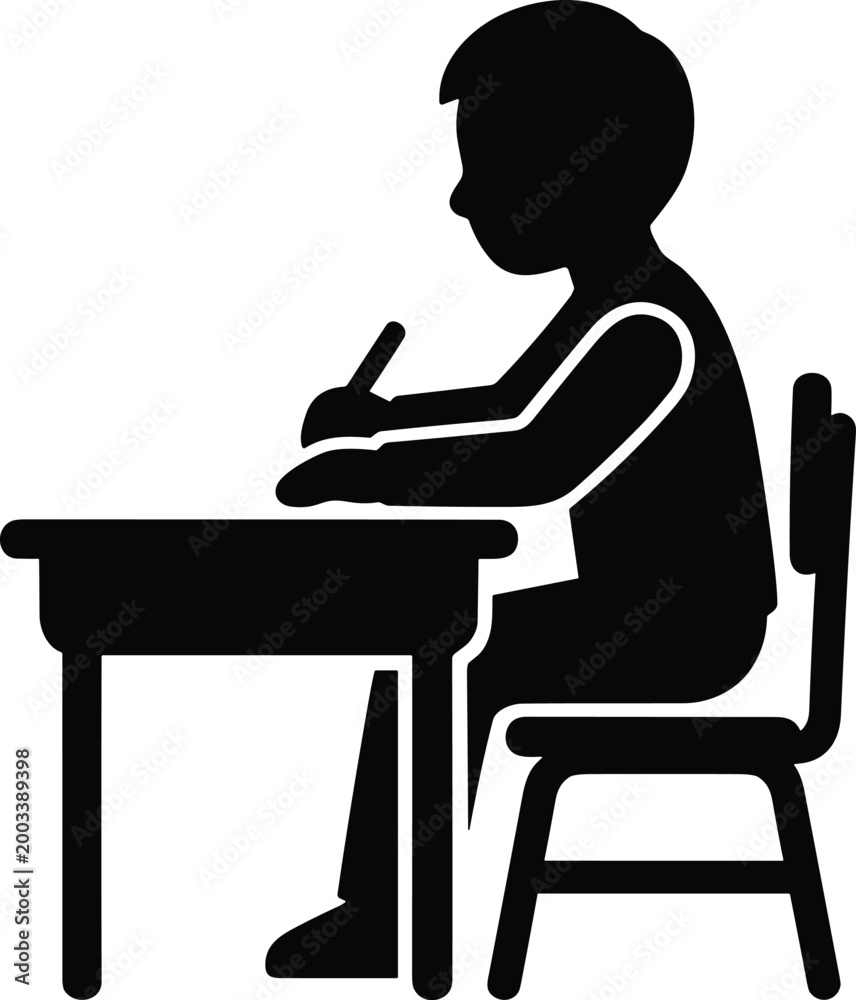 Fototapeta premium Silhouette of student writing at desk, studying and learning illustration, academic education homework concept in classroom environment