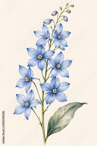 Blue wildflowers botanical illustration with multiple blossoms isolated on neutral background