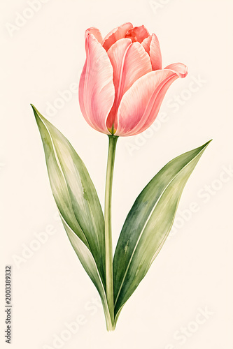 Pink tulip flower botanical illustration isolated on neutral background