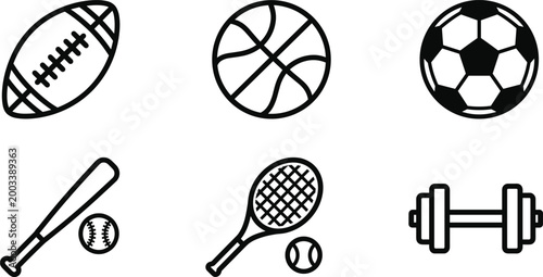 Set of sports equipment icons including football, basketball, soccer ball, baseball bat, tennis racket and dumbbell illustration