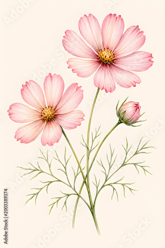 Pink cosmos flowers botanical illustration with two blossoms isolated on neutral background