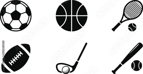 Set of sports equipment icons including soccer ball, basketball, tennis racket, football, golf club and baseball bat