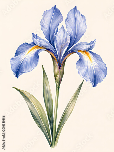 Blue iris flower botanical illustration isolated on neutral background