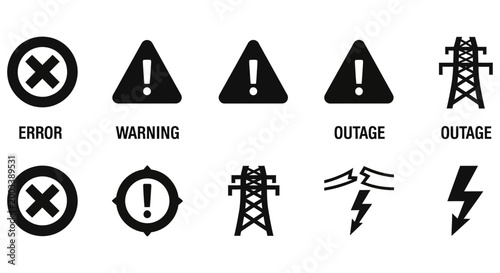 Set of black and white hazard and electrical outage icons