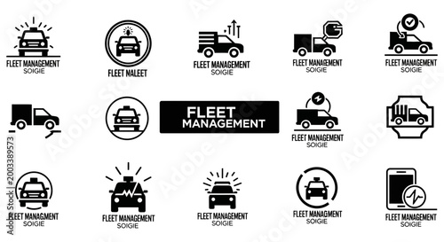 Set of black fleet management icons for logistics and tracking