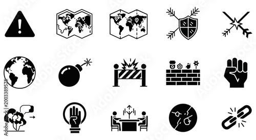 Set of black flat vector icons showing various global concepts