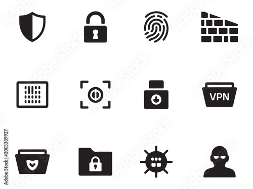 Cyber Security Silhouette Vector Icons - Black and White Data Safety Symbols