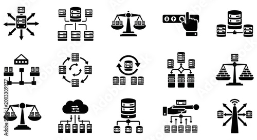 Collection of database and server network black vector icons set
