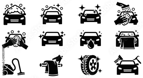 Black and white vector icons representing professional car wash services