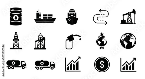 Simple flat vector icons depicting global oil and gas industry