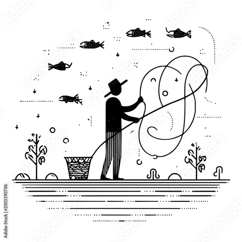 Fisherman Catching Fish with Net on Waterfront