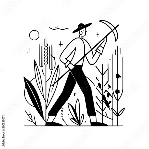 Farmer Holding Scythe in Field with Plants