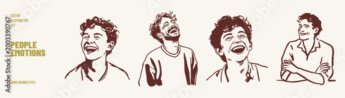 Happy people laughing smiling faces emotion set. Characters showing joy, humor and cheerful reactions. Illustrations for emotive design and social content in hand drawn sketch style.