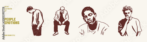 Sad people depressed mood body language set. Figures with lowered heads and tired poses expressing sorrow. Illustrations for mental health topics and emotional storytelling in hand drawn sketch style.
