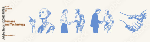 Human robot handshake cooperation future technology set. People meeting machines, trust and partnership concepts shown. Illustrations for business innovation in hand drawn sketch style.