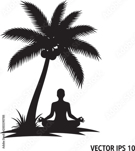 Black silhouette of person meditating under palm tree with coconuts yoga