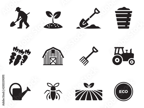 Organic Farming and Agriculture Silhouette Icons - Sustainable Nature Symbols