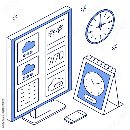 Computer monitor with weather forecast and clock on white background calendar mobile phone