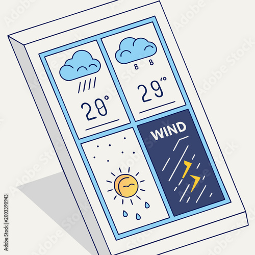Weather forecast display on a screen with wind and temperature blue and white