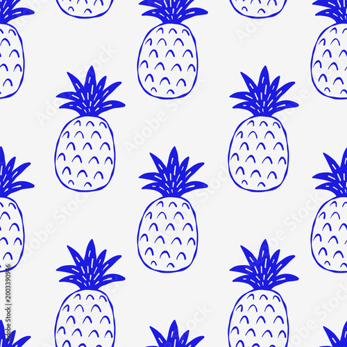 Blue line-drawn pineapples on light gray background. Pattern repeats seamlessly across image. Ideal for tropical-themed designs, packaging, or summer decor